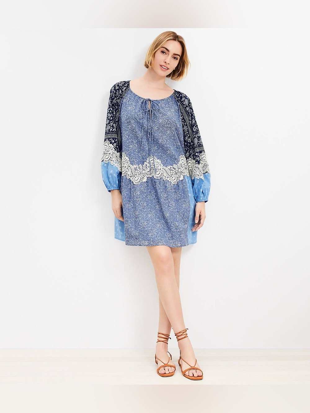 Loft Blue Boho Lace Trim Peasant mini Dress cottage poplin balloon sleeve L cos - Picture 2 of 13
